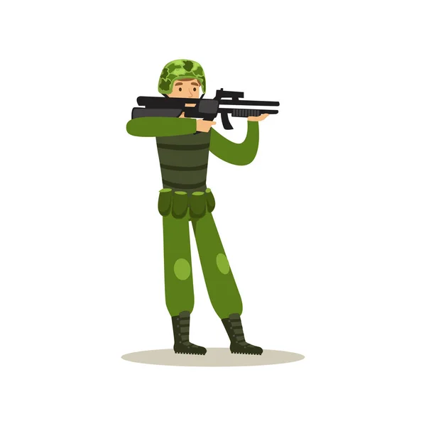 Infanterie troepen soldaat teken in combat uniform camouflage houden een automatische assault rifle vector illustratie — Stockvector