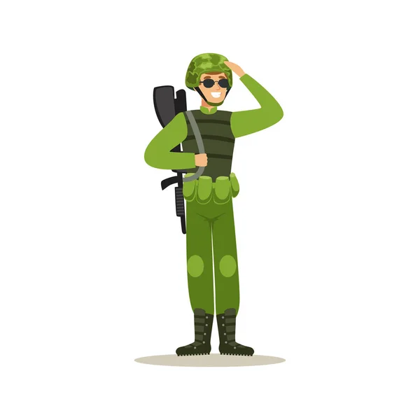 Tropas de infantería soldado personaje en camuflaje uniforme de combate haciendo un vector de saludo de mano Ilustración — Vector de stock