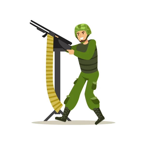 Żołnierz piechoty wojsk znaków w kamuflażu walki jednolite strzelanie z karabinu maszynowego wektor ilustracja — Wektor stockowy