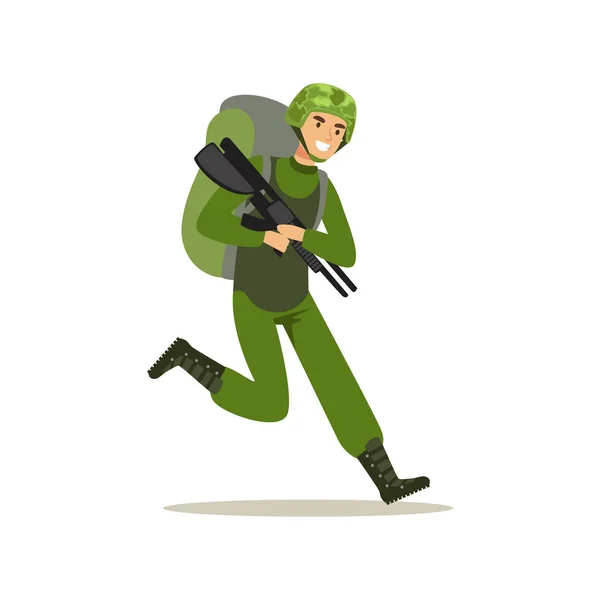 Fanteria truppe soldato personaggio in uniforme da combattimento camuffamento e zaino in esecuzione con arma vettore Illustrazione — Vettoriale Stock