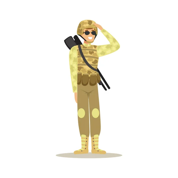 Personaje soldado con uniforme de camuflaje haciendo un vector de saludo de mano Ilustración — Vector de stock