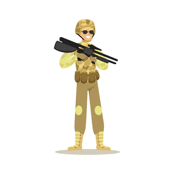 Personaggio soldato con uniforme mimetica che tiene in mano il vettore automatico del fucile d'assalto Illustrazione — Vettoriale Stock