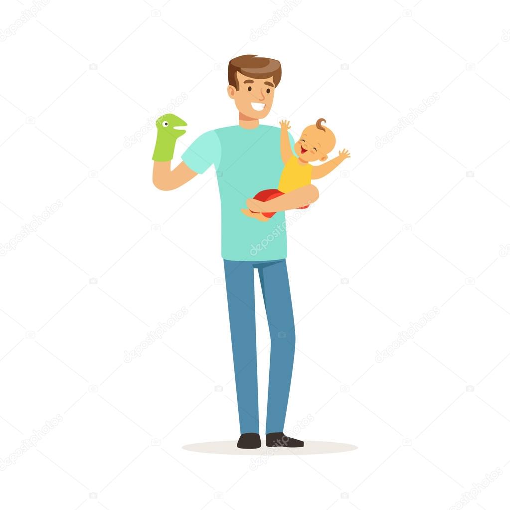 Young smiling man holding baby in his arms, house husband caring and upbringing of the child vector Illustration