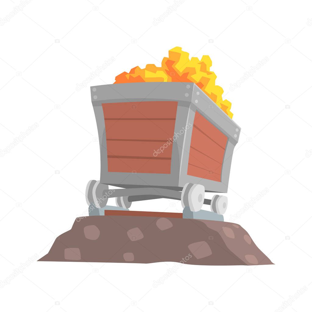 Retro wooden wagon with gold ore, mining industry concept cartoon vector Illustration