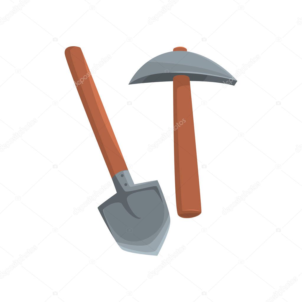Shovel and pickaxe tools, mining industry equipment cartoon vector Illustration