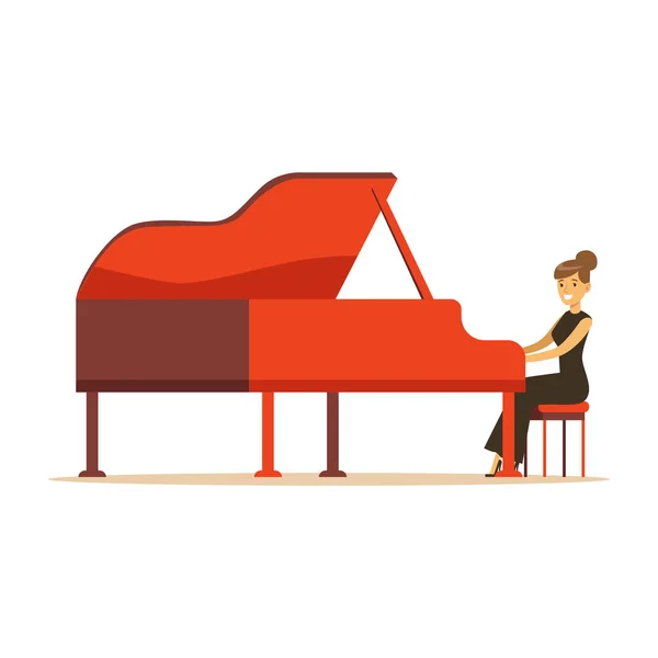 Beautiful woman in black dress playing red grand piano vector Illustration — Stock Vector