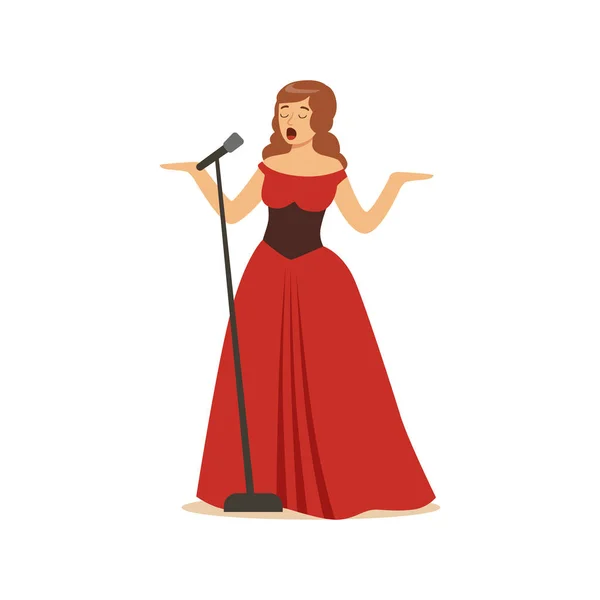 Gyönyörű nő operaénekes, hosszú piros ruhát éneklés a mikrofon vektoros illusztráció — Stock Vector