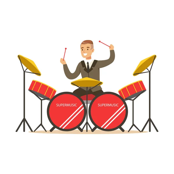 Muzikant-man dragen van een klassieke pak drummen achter de drum kit vector illustratie — Stockvector