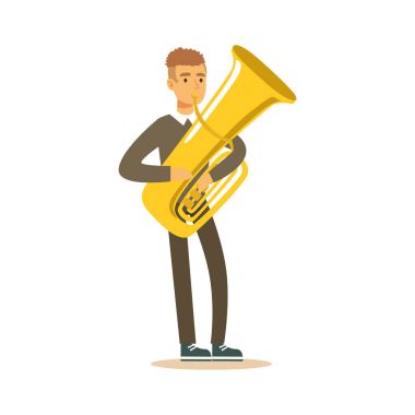 Bir klasik giyen müzisyen adam uygun oyun Fransız kornosu, klasik müzik performans vektör çizim