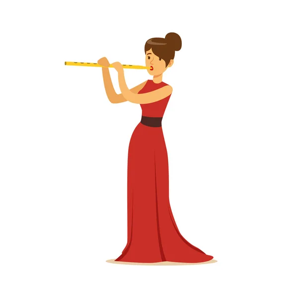 Elegantly dressed female musician playing flute, classical music performance vector Illustration — Stock Vector