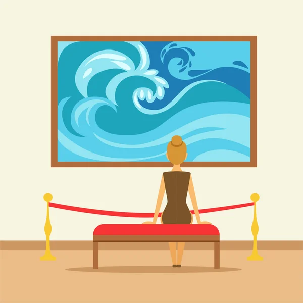 Woman sitting on a bench and looking at the painting hanging on gallery wall, people viewing museum — Stock Vector