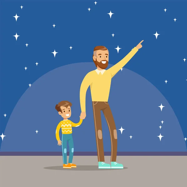 Vader vertelde zijn zoon over de sterren in het planetarium — Stockvector