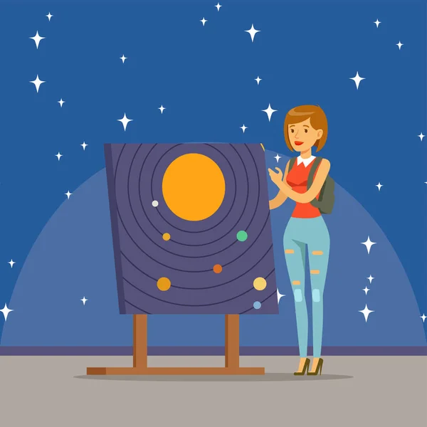 Молодая женщина изучает солнечную систему в планетарии — стоковый вектор