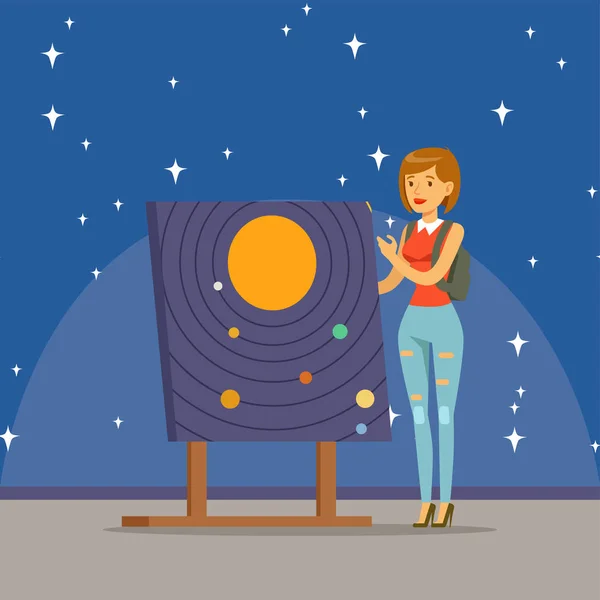 Fiatal nő a planetárium a Naprendszer megismerése — Stock Vector