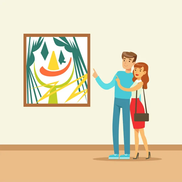 Jeune couple dans la galerie d'art moderne regardant la peinture colorée, les gens qui fréquentent le musée — Image vectorielle