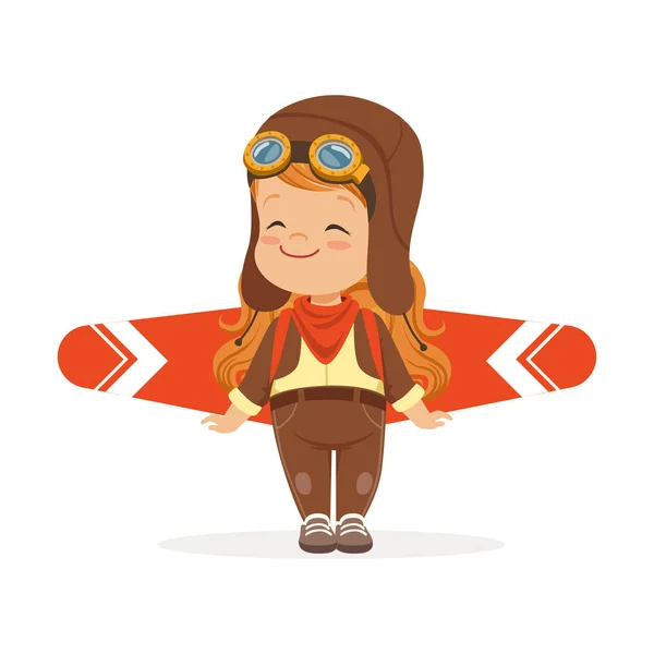 Joyeux petit garçon en costume de pilote jouant avec les ailes, enfant rêvant de piloter l'avion vecteur Illustration — Image vectorielle