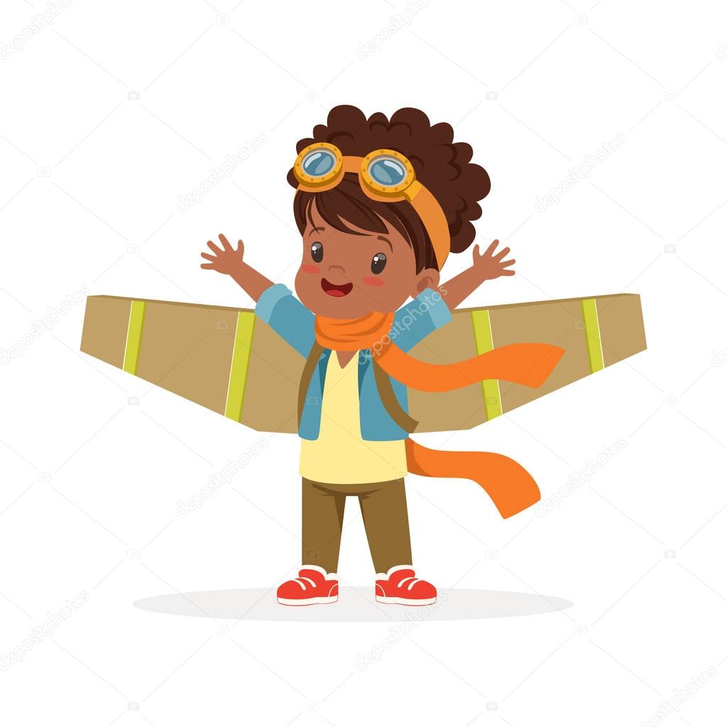 Cute little african girl in pilot costume playing with wings, kid dreaming of piloting the plane vector Illustration