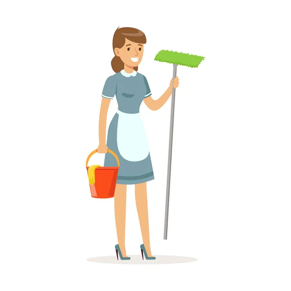 Kova ve paspas, temizleme servisi otel vektör çizim ile Tekdüzen ayakta giyen neşeli hizmetçi karakteri — Stok Vektör