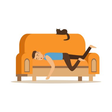 Genç adam turuncu koltukta uyuyan kişi vektör çizim rahatlatıcı