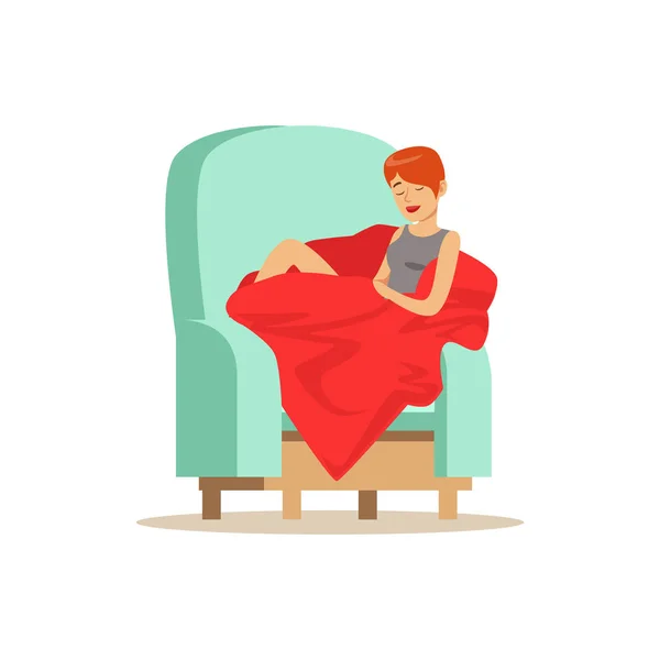 Schöne junge Frau in rote Decke gehüllt schlafend auf Sessel, entspannende Person Vektor Illustration — Stockvektor