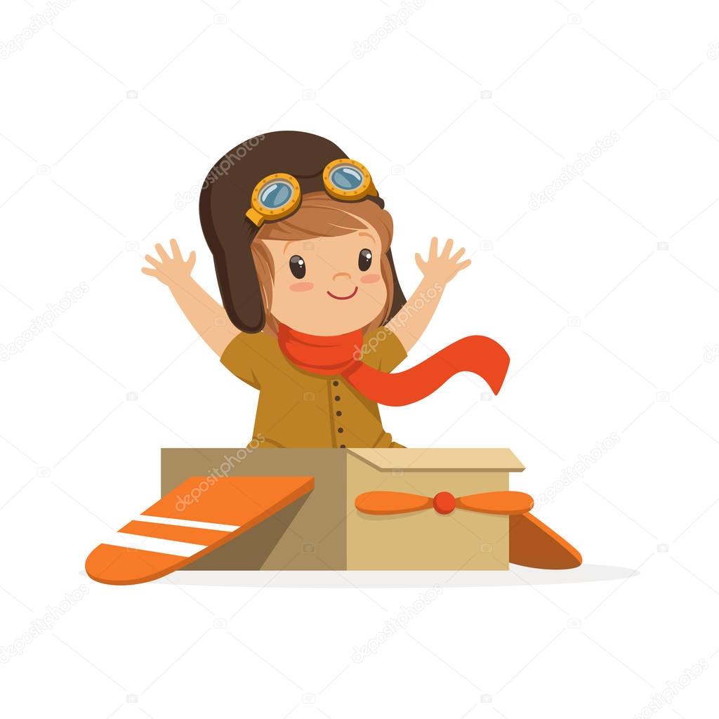 Cute little boy in pilot costume playing, kid dreaming of piloting the plane vector Illustration