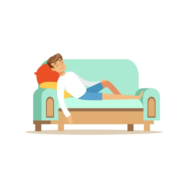 Молодой человек, сидящий на диване и спящий, расслабляющий человек вектор иллюстрации — стоковый вектор
