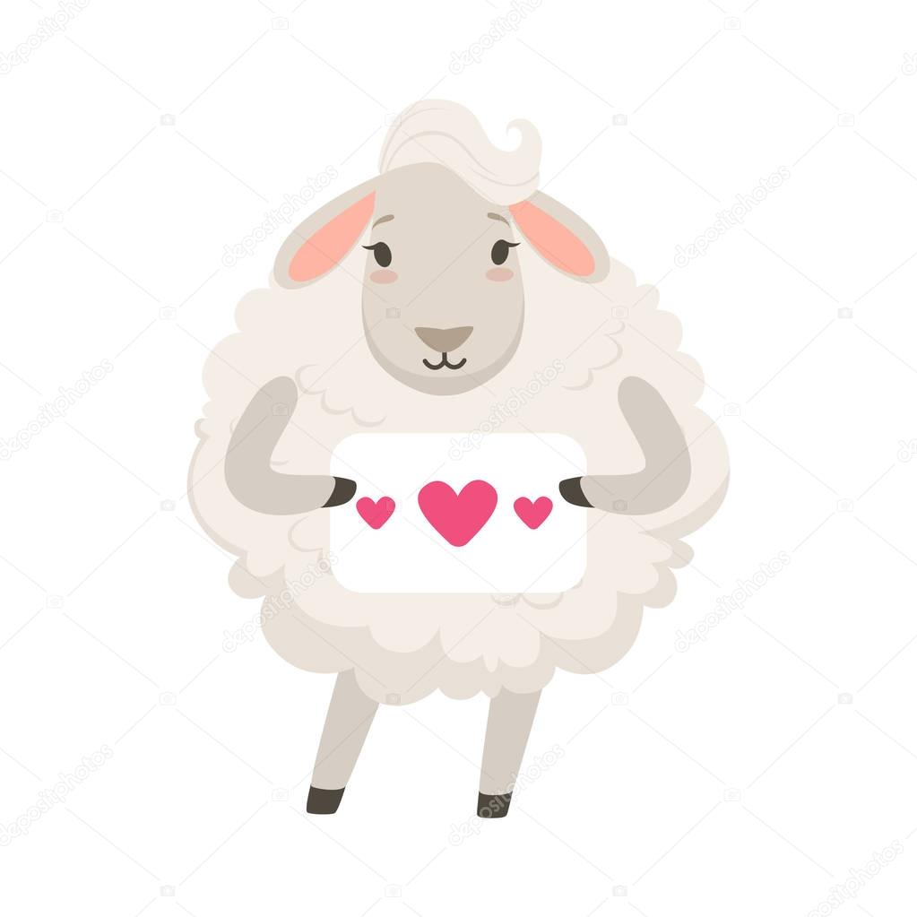 Cute white sheep character holding paper with hearts, funny humanized animal vector Illustration