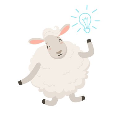 İyi bir fikir sahip sevimli beyaz koyun karakter komik hayvan vektör çizim insanlaşmış