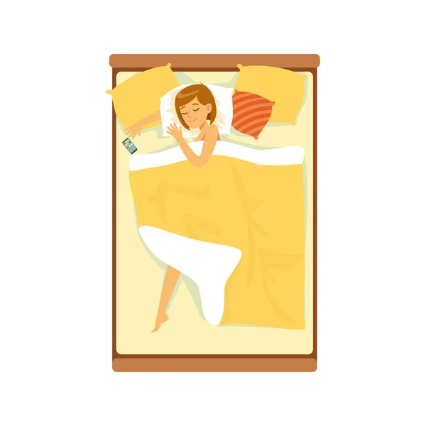 Bella donna che dorme nel suo letto, persona rilassante vettore Illustrazione — Vettoriale Stock