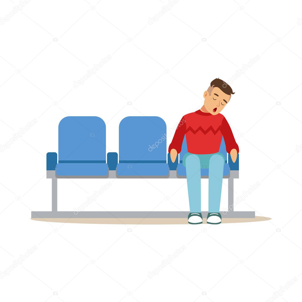 Exhausted man sleeping in the chair at airport or train station vector Illustration