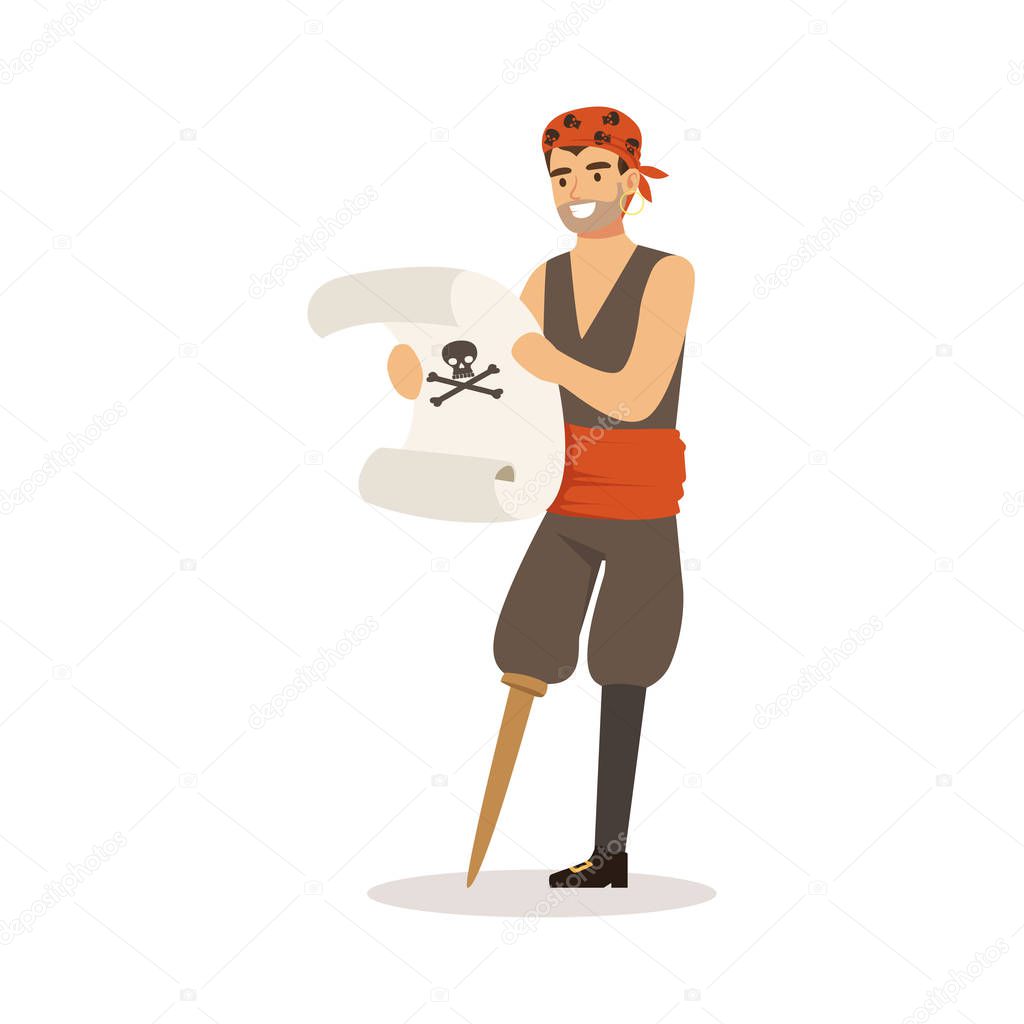 Brave pirate sailor character with wooden leg holding ancient scroll vector Illustration