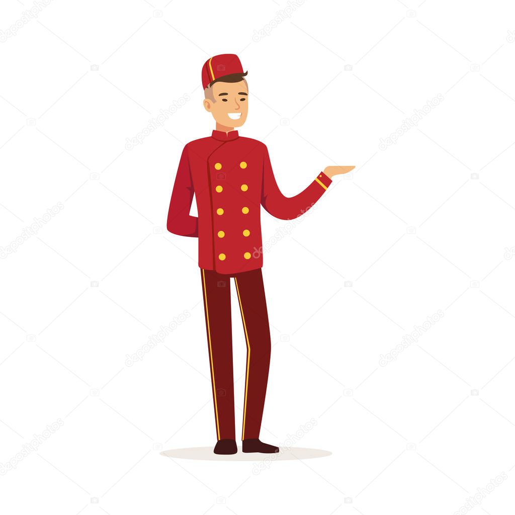 Smiling doorman character wearing red double breasted uniform, hotel staff vector Illustration