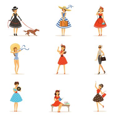 Retro girls characters set, beautiful young women wearing vintage dresses colorful vector Illustrations clipart