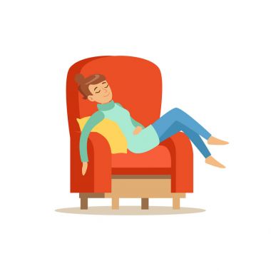 Kırmızı koltukta uyuyan bir kişi vektör çizim rahatlatıcı genç kadın