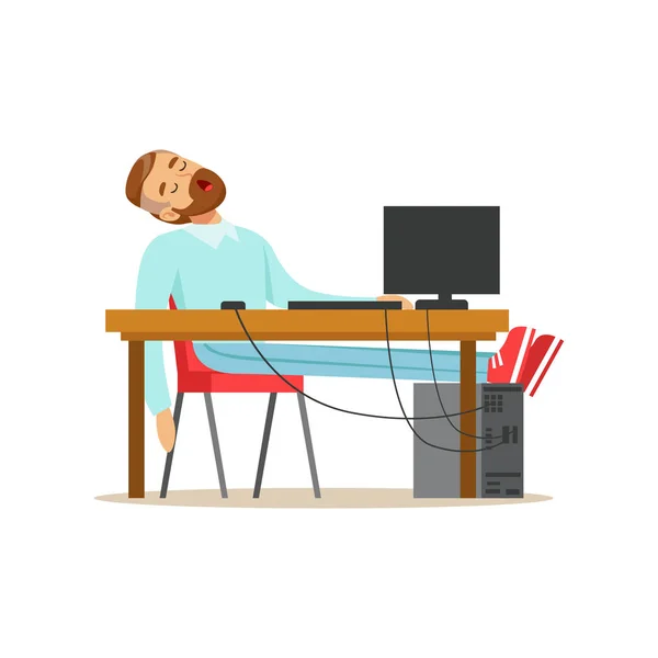 疲れたビジネスマンのベクトル図をリラックス疲れ果てたサラリーマン、オフィスで彼の椅子で寝ています。 — ストックベクタ