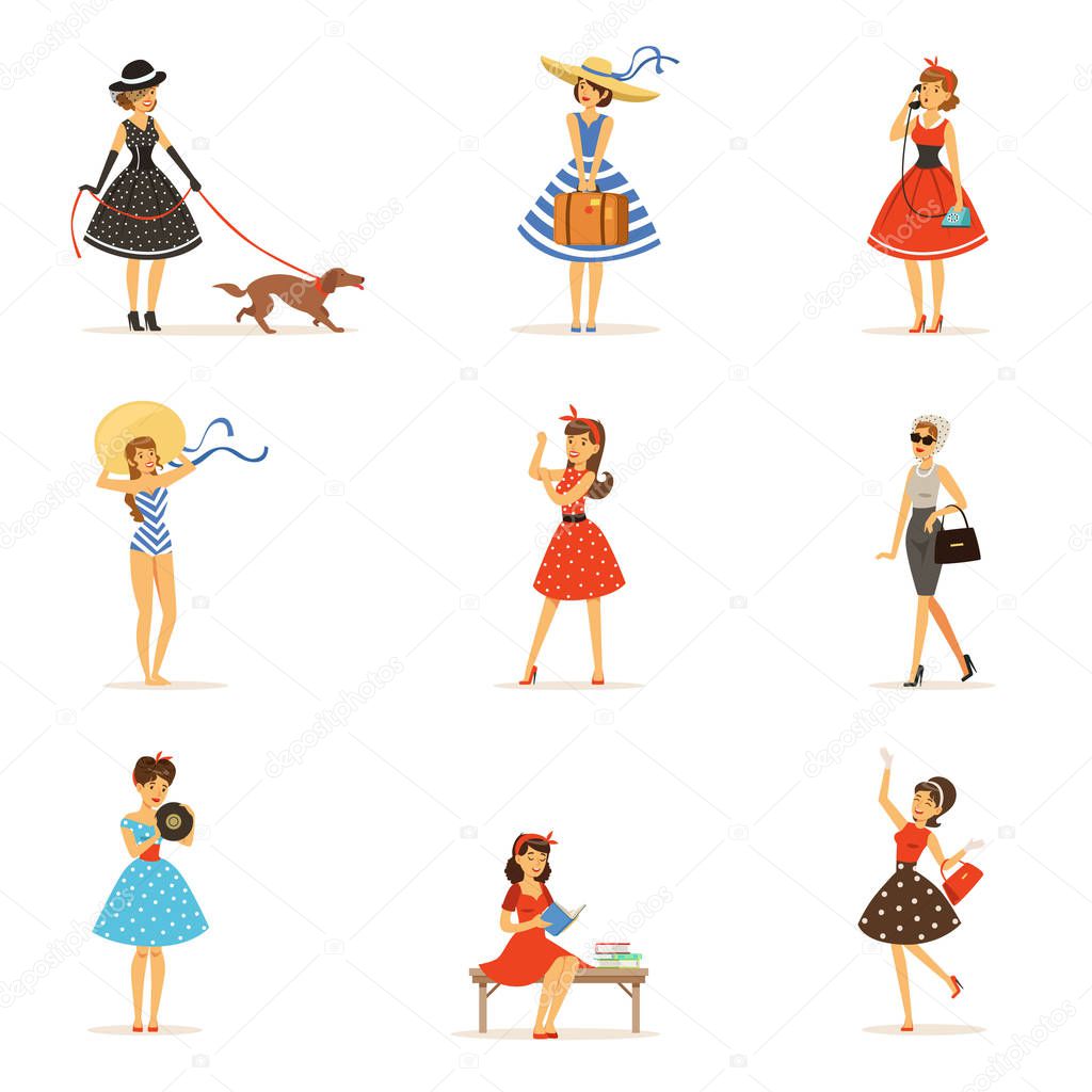 Retro girls characters set, beautiful young women wearing vintage dresses colorful vector Illustrations