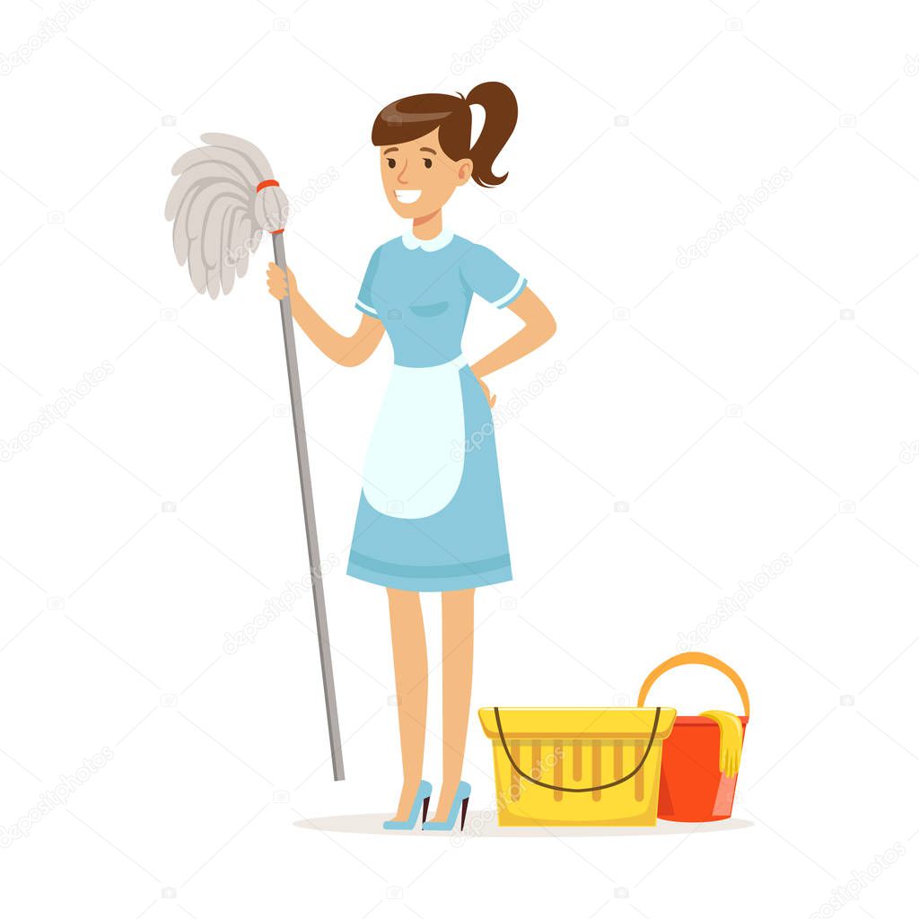 Smiling maid character wearing uniform with bucket and mop, cleaning service of hotel vector Illustration