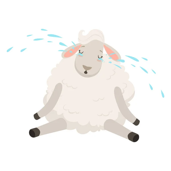 Roztomilý smutná bílá ovce znak plačící, legrační zlidštění zvířecí vektorové ilustrace — Stockový vektor