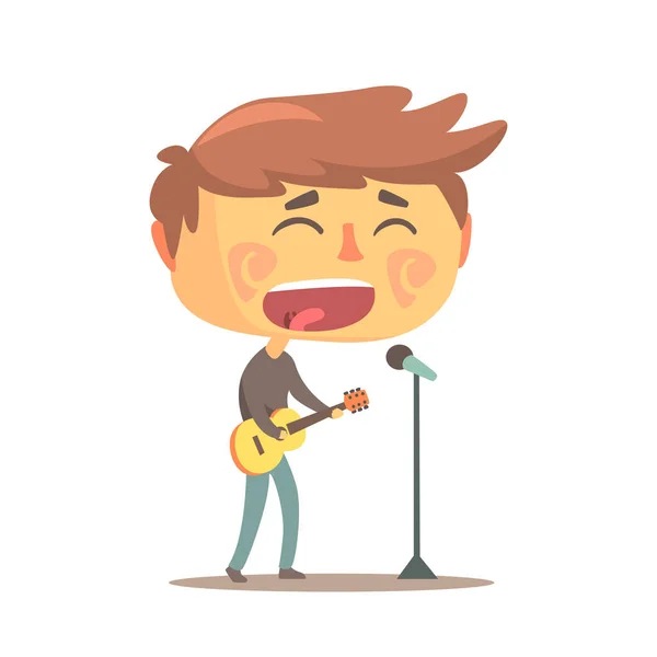 Jongen te spelen gitaar en siging, jonge musicus cartoon vector illustratie — Stockvector