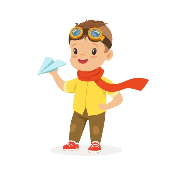 Cute little boy in pilot glasses playing with paper airplane vector Illustration — Stock Vector