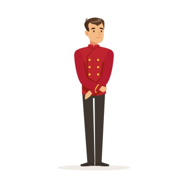 Smiling concierge or porter character wearing red double breasted uniform, hotel staff vector Illustration clipart