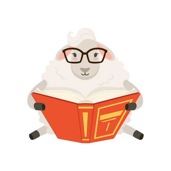 Cute white sheep character sitting and reading a book, funny humanized animal vector Illustration — Stock Vector