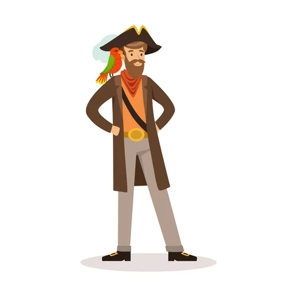 Pirata marinero personaje con un loro en su hombro vector Ilustración — Archivo Imágenes Vectoriales