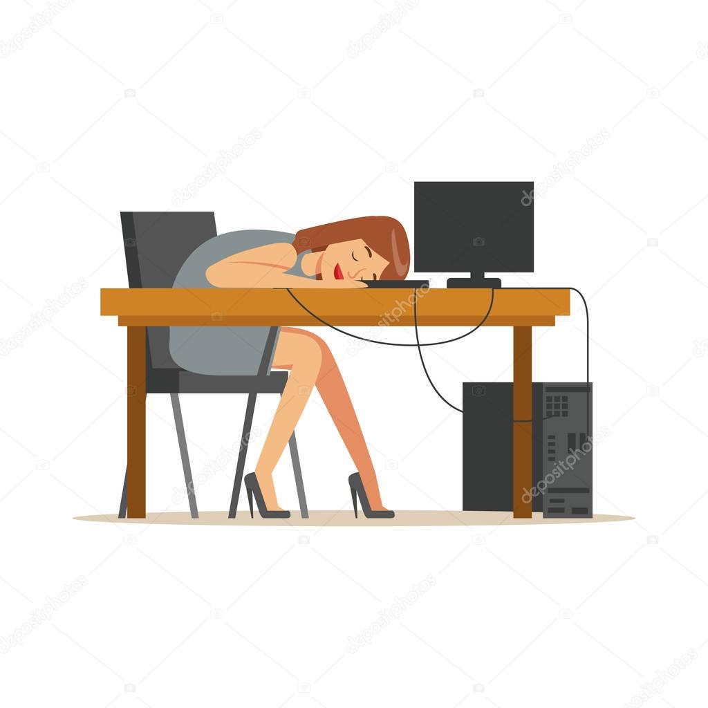 Tired businesswoman sleeping at workplace on laptop keyboard, exhausted office worker relaxing vector Illustration