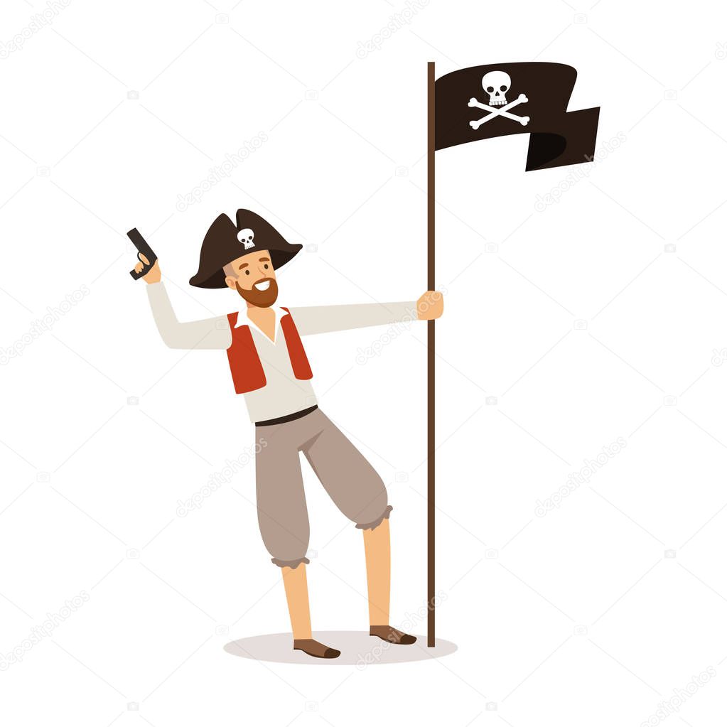Brave pirate character with Jolly Roger flag vector Illustration