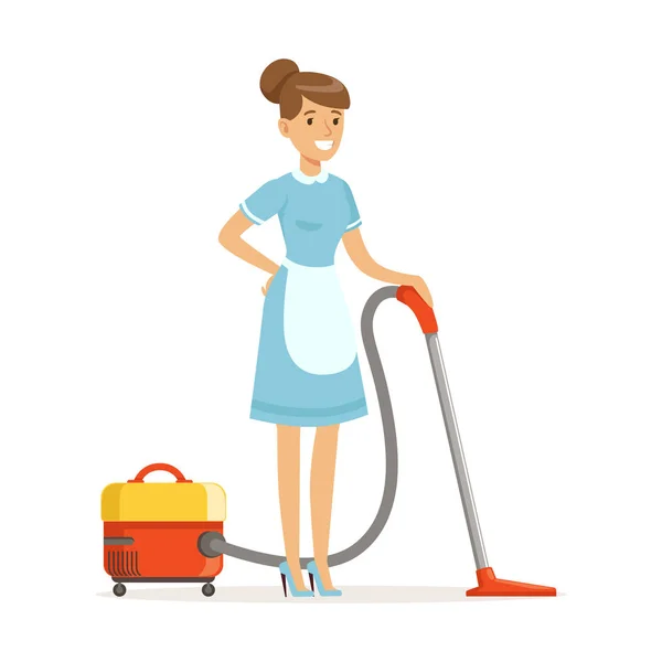 Smiling maid character wearing uniform with vacuum, cleaning service of hotel vector Illustration — Stock Vector