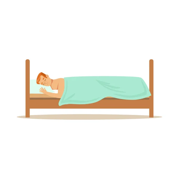 Fiatal férfi alszik az ágyában, gyomor nyugtató személy vektoros illusztráció — Stock Vector