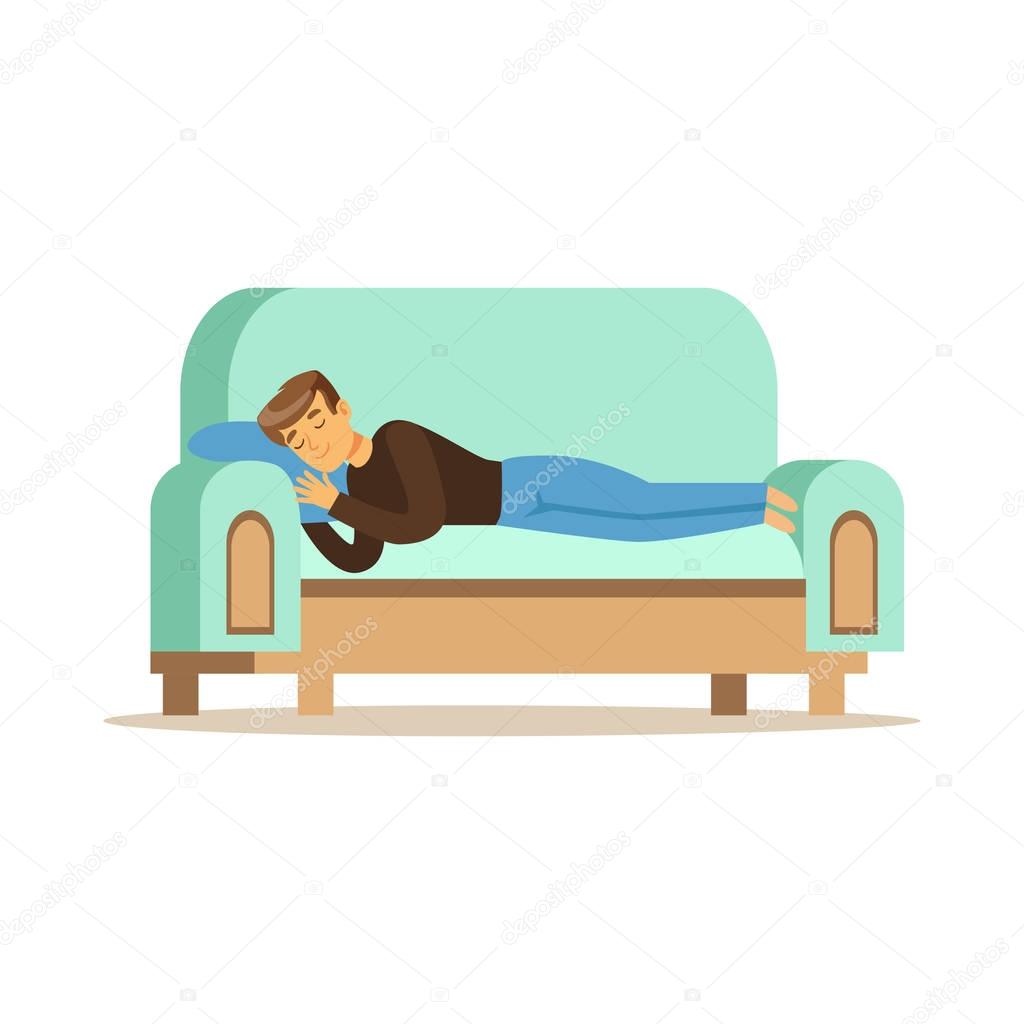 Young man sleeping on the sofa, relaxing person vector Illustration