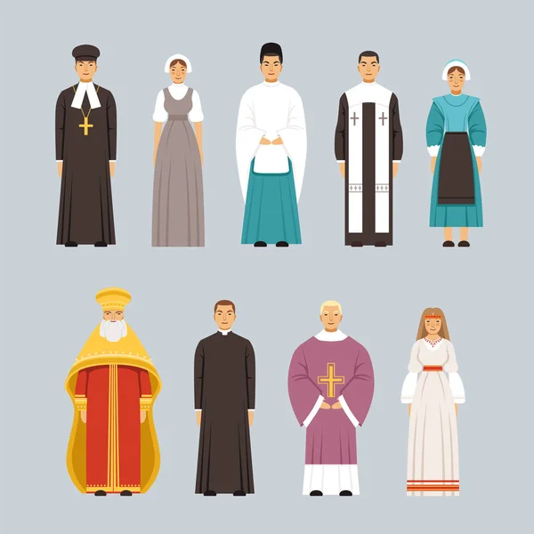 Religión personajes de personas conjunto, hombres y mujeres de diferentes confesiones religiosas en ropa tradicional — Vector de stock