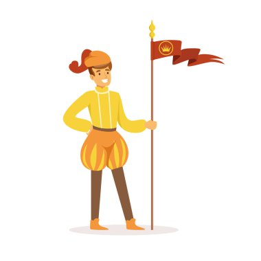 Bir trompet, Avrupa Ortaçağ karakteri geleneksel oynarken herald renkli vektör çizim kostüm